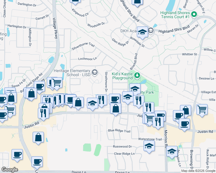 map of restaurants, bars, coffee shops, grocery stores, and more near 2105 Strathmore Drive in Highland Village
