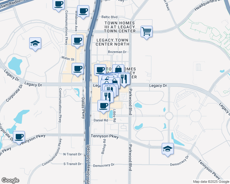map of restaurants, bars, coffee shops, grocery stores, and more near 5760 Legacy Drive in Plano