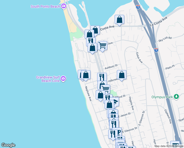 map of restaurants, bars, coffee shops, grocery stores, and more near 1715 Kennington Road in Encinitas