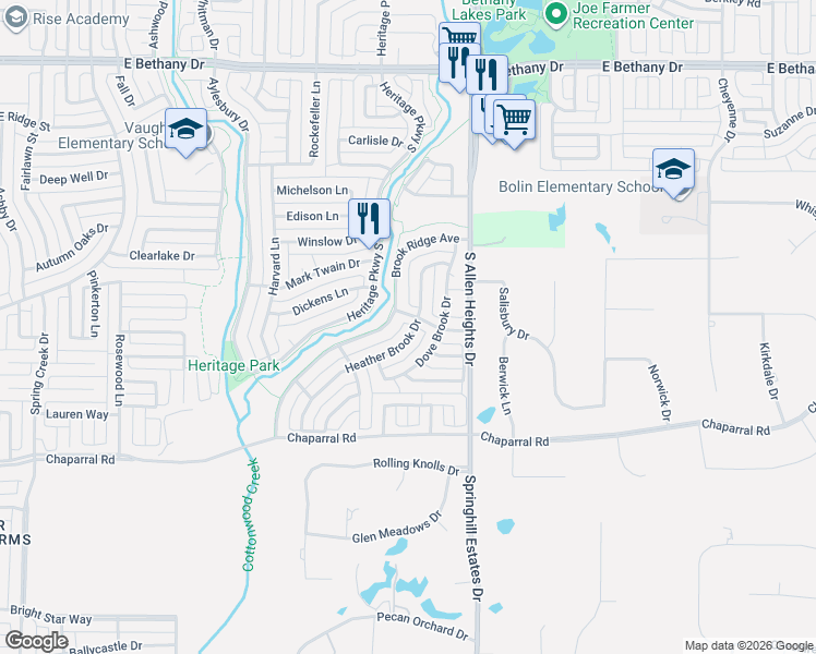 map of restaurants, bars, coffee shops, grocery stores, and more near 1314 Heather Brook Drive in Allen