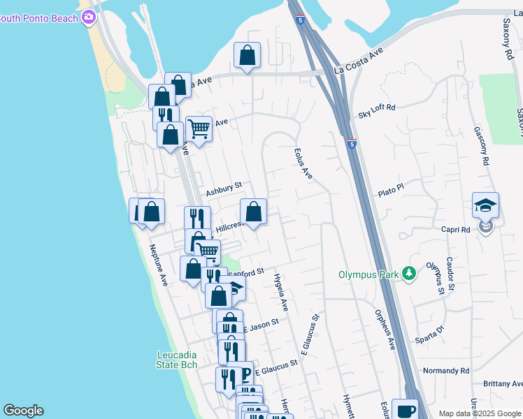 map of restaurants, bars, coffee shops, grocery stores, and more near 260 Hillcrest Drive in Encinitas