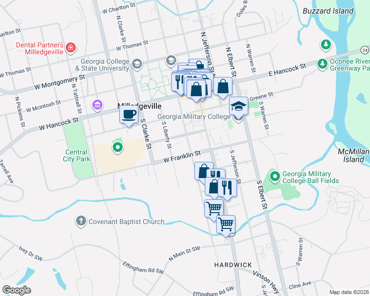 map of restaurants, bars, coffee shops, grocery stores, and more near 406 South Wilkinson Street in Milledgeville