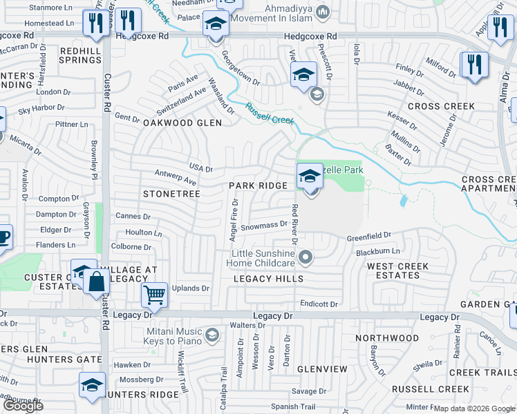 map of restaurants, bars, coffee shops, grocery stores, and more near 1740 Steamboat Drive in Plano