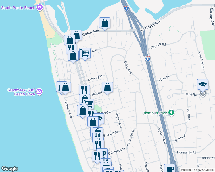 map of restaurants, bars, coffee shops, grocery stores, and more near 1620 Hygeia Avenue in Encinitas