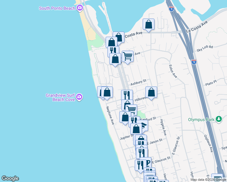 map of restaurants, bars, coffee shops, grocery stores, and more near 142 Grandview Street in Encinitas