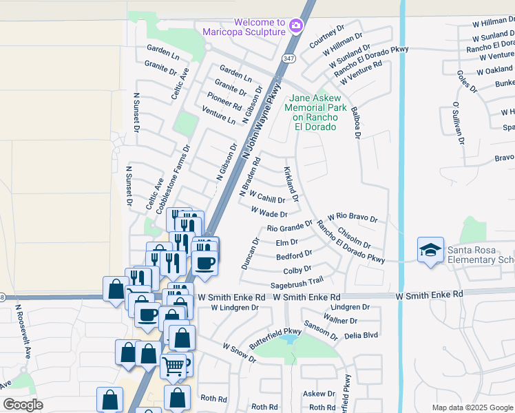 map of restaurants, bars, coffee shops, grocery stores, and more near 43914 West Wade Drive in Maricopa