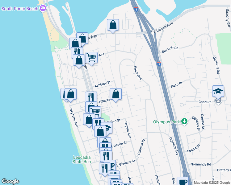 map of restaurants, bars, coffee shops, grocery stores, and more near 1620 Hygeia Avenue in Encinitas