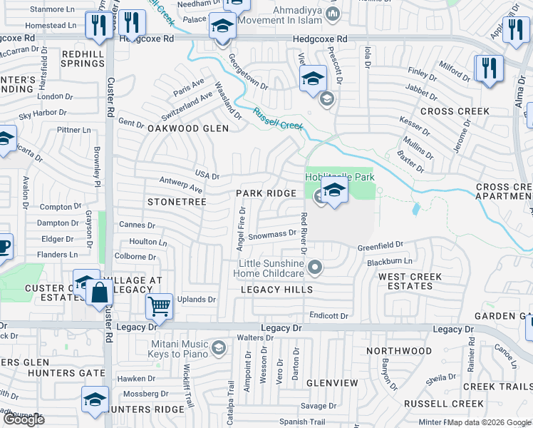 map of restaurants, bars, coffee shops, grocery stores, and more near 1740 Steamboat Drive in Plano