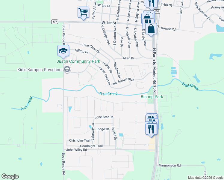 map of restaurants, bars, coffee shops, grocery stores, and more near 364 Cedar Crest Drive in Justin