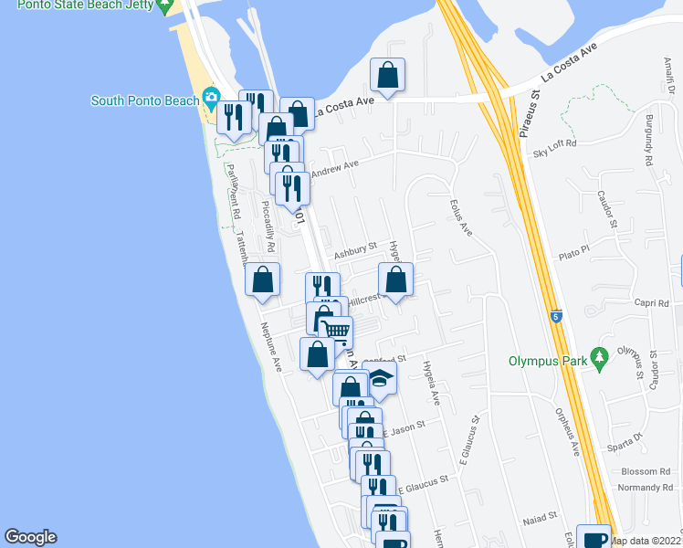 map of restaurants, bars, coffee shops, grocery stores, and more near 1676 Shorebreak Way in Encinitas