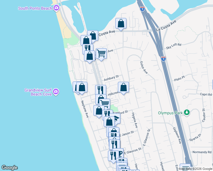 map of restaurants, bars, coffee shops, grocery stores, and more near 1676 Shorebreak Way in Encinitas