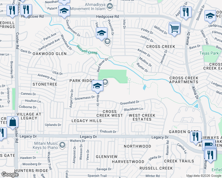 map of restaurants, bars, coffee shops, grocery stores, and more near 7400 Red River Drive in Plano