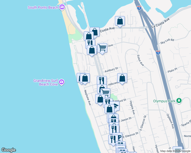 map of restaurants, bars, coffee shops, grocery stores, and more near 142 Grandview Street in Encinitas