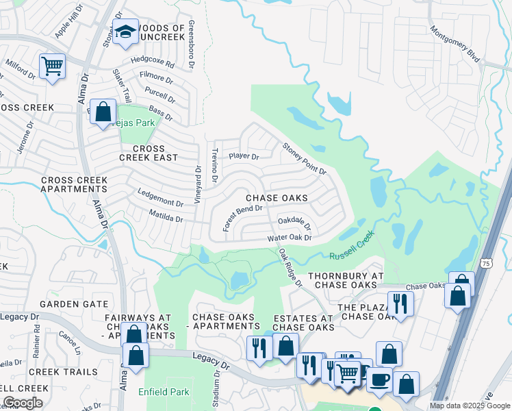 map of restaurants, bars, coffee shops, grocery stores, and more near 701 Pine Lakes Drive in Plano