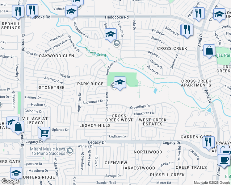 map of restaurants, bars, coffee shops, grocery stores, and more near 1701 Red River Drive in Plano