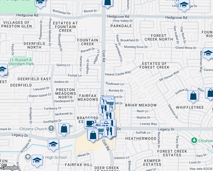 map of restaurants, bars, coffee shops, grocery stores, and more near 3952 Burnley Drive in Plano