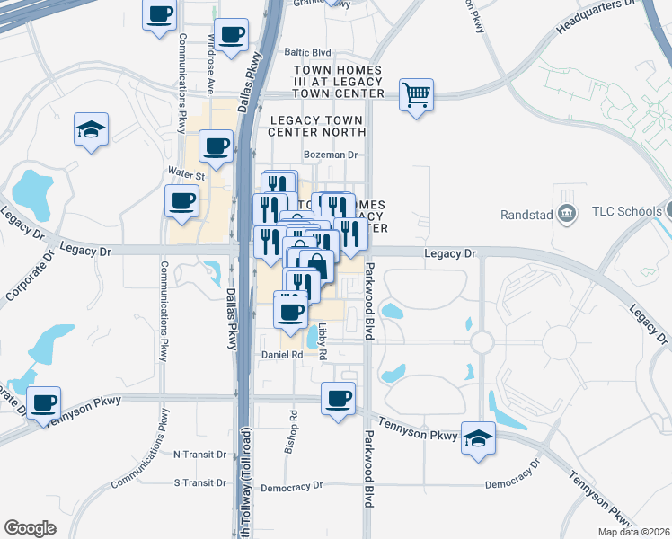 map of restaurants, bars, coffee shops, grocery stores, and more near 5760 Legacy Drive in Plano