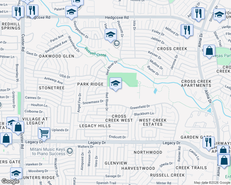 map of restaurants, bars, coffee shops, grocery stores, and more near 7400 Red River Drive in Plano