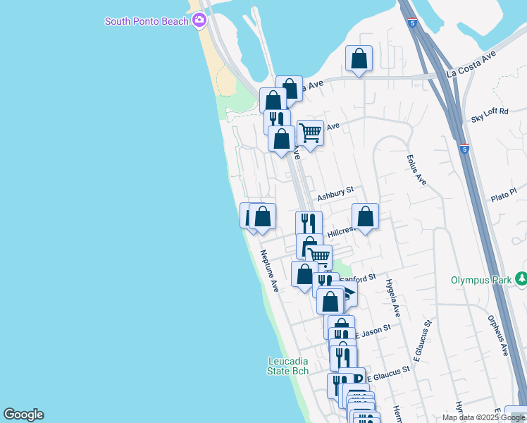 map of restaurants, bars, coffee shops, grocery stores, and more near Aldersgate Road in Encinitas