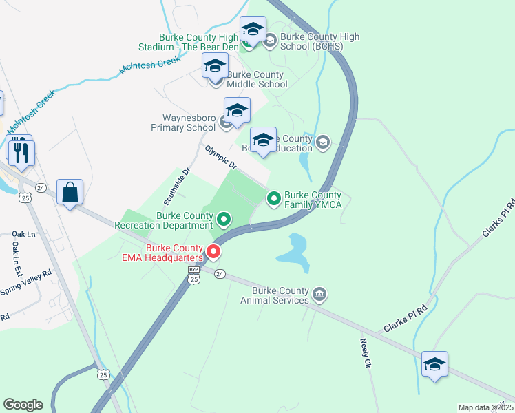 map of restaurants, bars, coffee shops, grocery stores, and more near Olympic Drive in Waynesboro