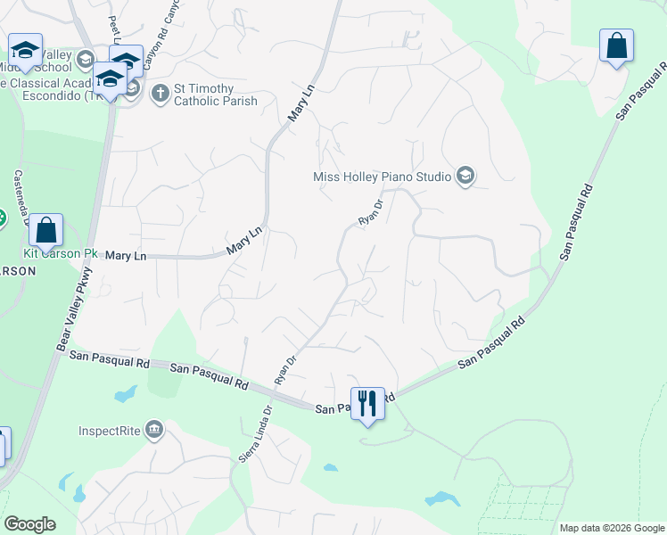 map of restaurants, bars, coffee shops, grocery stores, and more near 3337 Ryan Drive in Escondido
