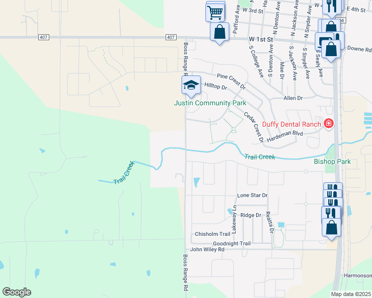 map of restaurants, bars, coffee shops, grocery stores, and more near Boss Range Road in Justin