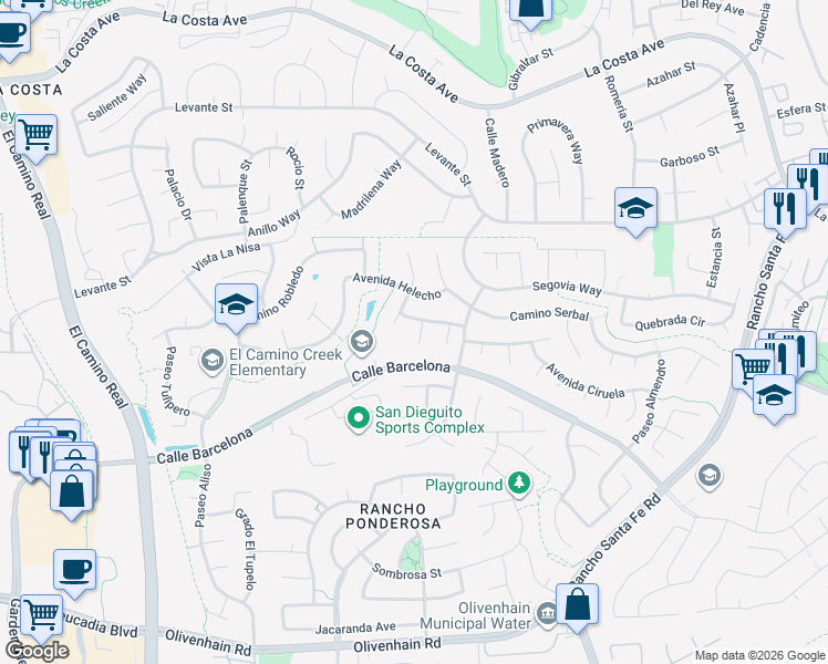 map of restaurants, bars, coffee shops, grocery stores, and more near 2846 Avenida Cereza in Carlsbad