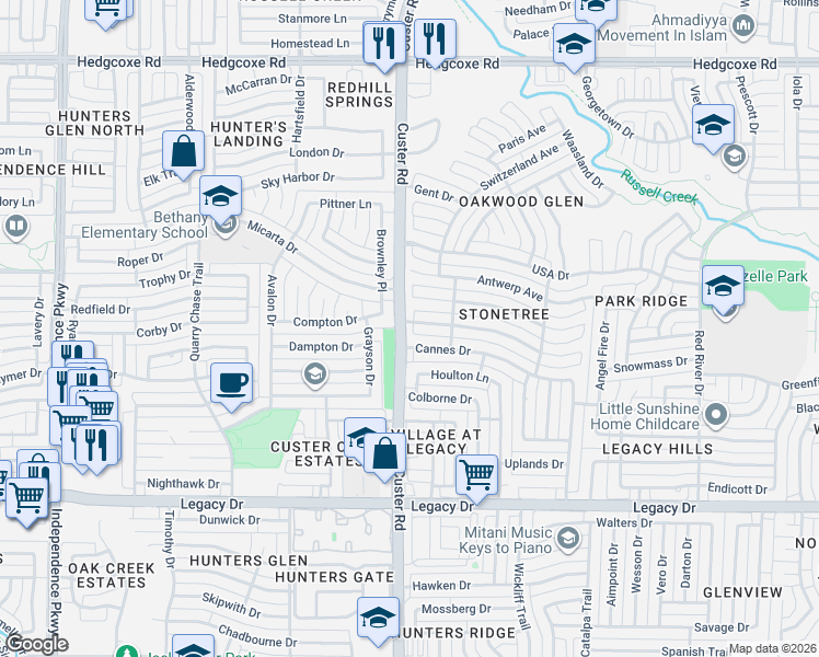 map of restaurants, bars, coffee shops, grocery stores, and more near 2124 Brabant Drive in Plano