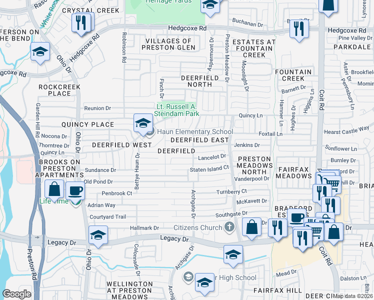 map of restaurants, bars, coffee shops, grocery stores, and more near 4544 Saint James Drive in Plano
