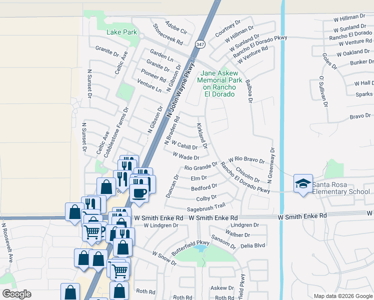 map of restaurants, bars, coffee shops, grocery stores, and more near 43815 West Cahill Drive in Maricopa