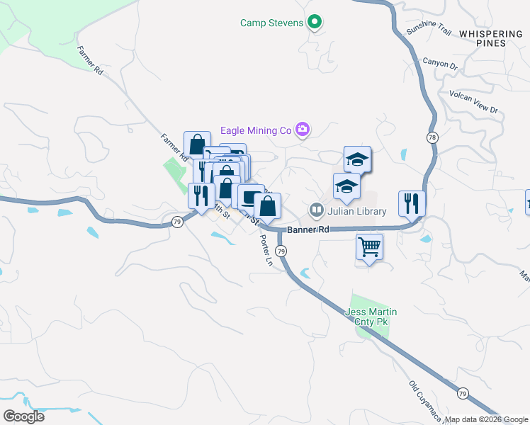map of restaurants, bars, coffee shops, grocery stores, and more near 1929 3rd Street in Julian
