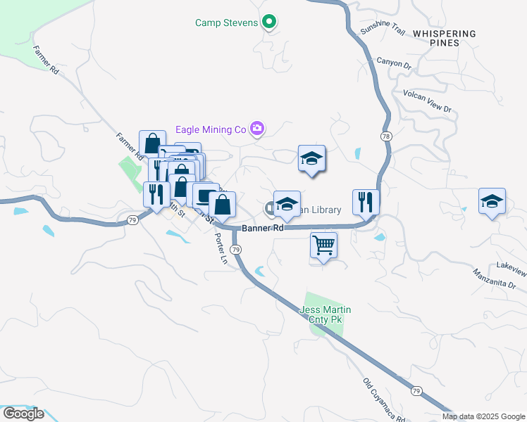 map of restaurants, bars, coffee shops, grocery stores, and more near 2396 Cape Horn Avenue in Julian