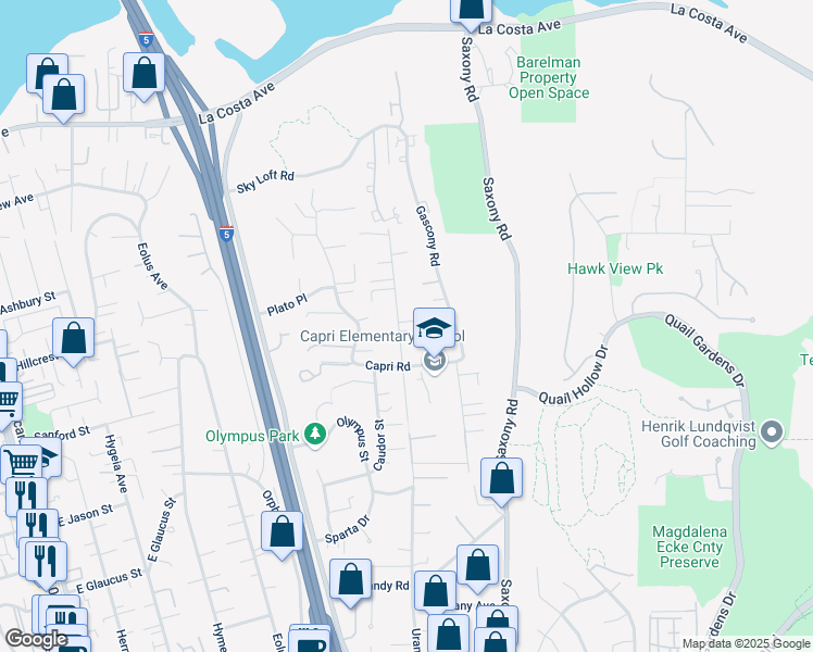 map of restaurants, bars, coffee shops, grocery stores, and more near 1551 Burgundy Road in Encinitas