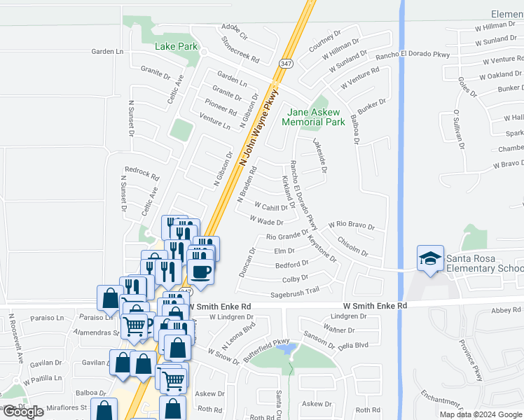 map of restaurants, bars, coffee shops, grocery stores, and more near 43847 West Cahill Drive in Maricopa