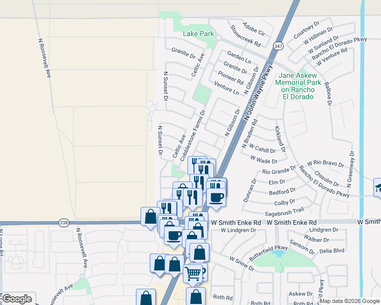 map of restaurants, bars, coffee shops, grocery stores, and more near 21807 Celtic Avenue in Maricopa