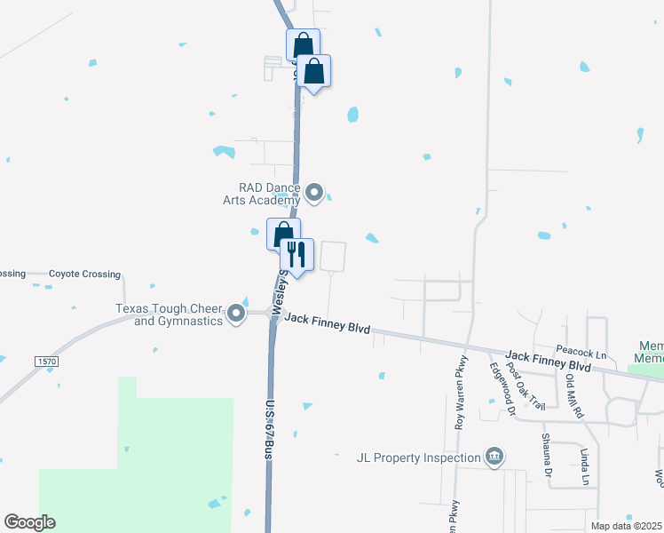 map of restaurants, bars, coffee shops, grocery stores, and more near 2410 West Jack Finney Boulevard in Greenville