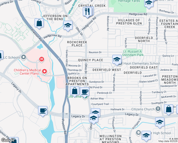 map of restaurants, bars, coffee shops, grocery stores, and more near 4685 Thanksgiving Lane in Plano