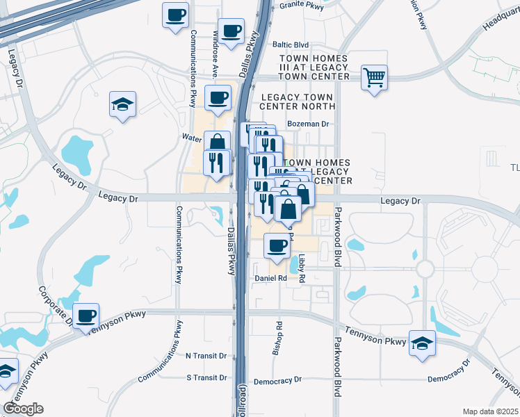 map of restaurants, bars, coffee shops, grocery stores, and more near 7300 Lone Star Drive in Plano