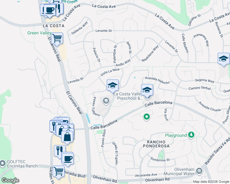 map of restaurants, bars, coffee shops, grocery stores, and more near 7831 Calle Pinabete in Carlsbad