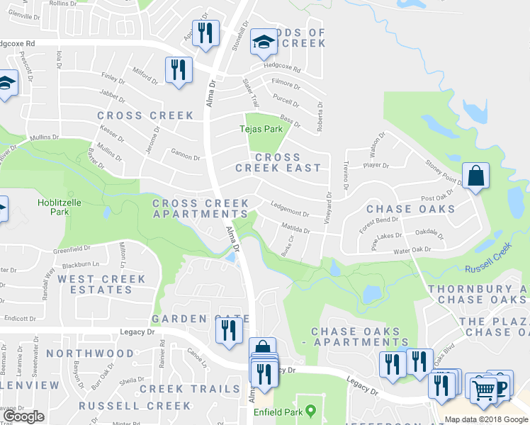 map of restaurants, bars, coffee shops, grocery stores, and more near 913 Ledgemont Drive in Plano