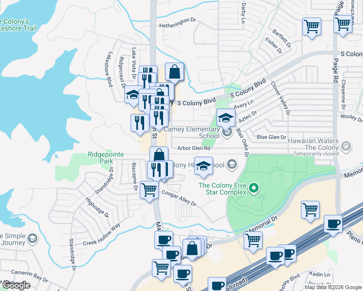 map of restaurants, bars, coffee shops, grocery stores, and more near 4800 Ash Glen Lane in The Colony