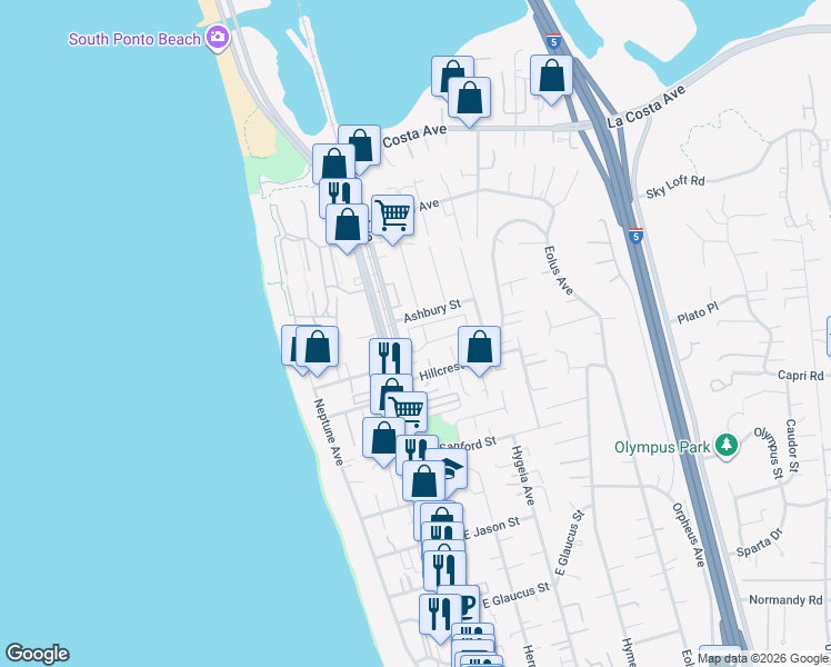 map of restaurants, bars, coffee shops, grocery stores, and more near 1717 North Vulcan Avenue in Encinitas