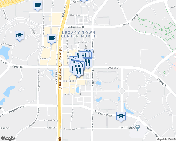 map of restaurants, bars, coffee shops, grocery stores, and more near 5700 Legacy Drive in Plano