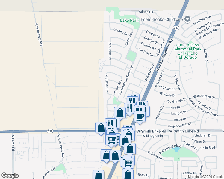 map of restaurants, bars, coffee shops, grocery stores, and more near 44469 Vineyard Street in Maricopa