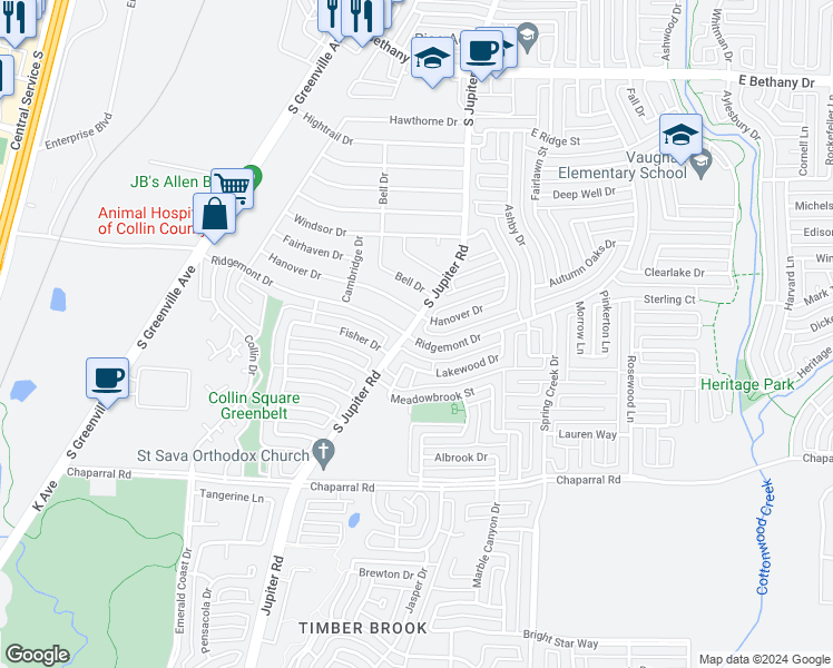 map of restaurants, bars, coffee shops, grocery stores, and more near 601 Ridgemont Drive in Allen