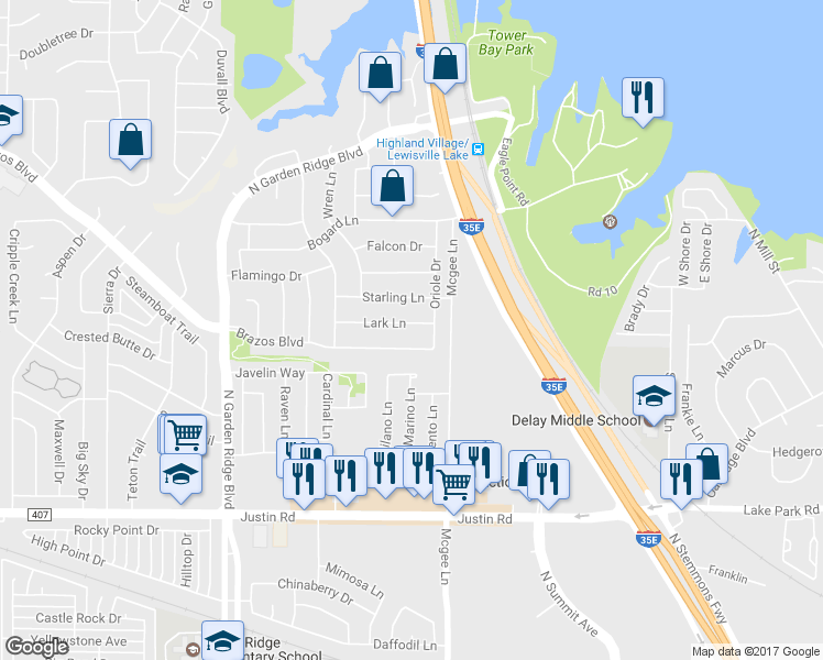 map of restaurants, bars, coffee shops, grocery stores, and more near 1314 Lark Lane in Lewisville