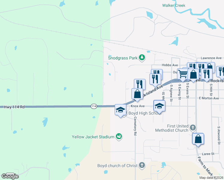 map of restaurants, bars, coffee shops, grocery stores, and more near 2971 Texas 114 in Boyd