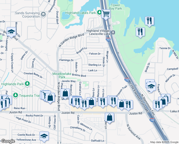 map of restaurants, bars, coffee shops, grocery stores, and more near 1328 Lark Lane in Lewisville