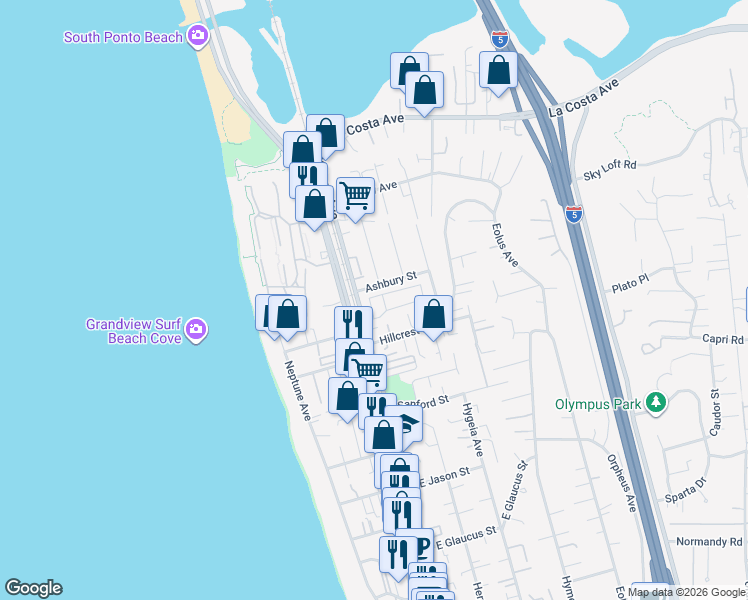 map of restaurants, bars, coffee shops, grocery stores, and more near 133 Stonesteps Way in Encinitas