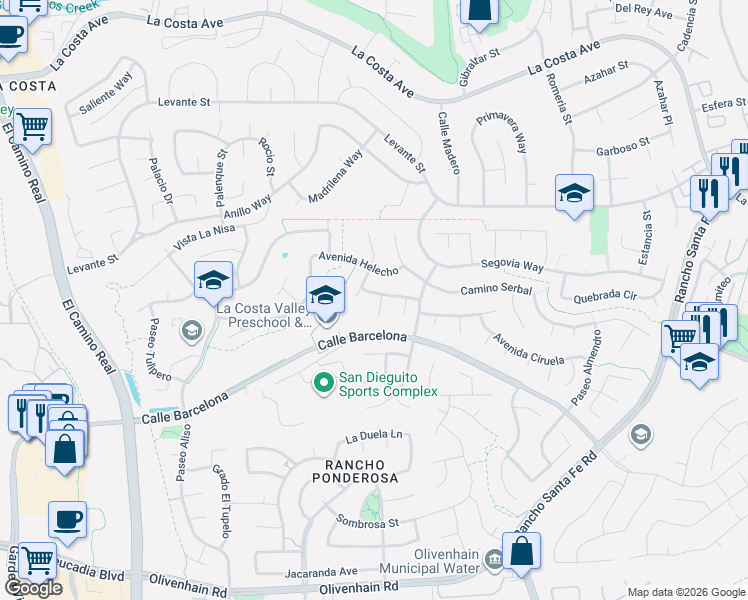 map of restaurants, bars, coffee shops, grocery stores, and more near 2846 Avenida Cereza in Carlsbad